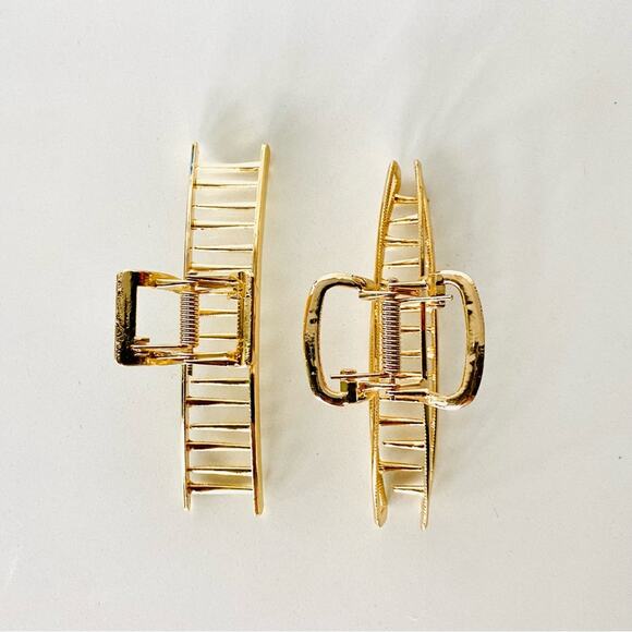 NEW ANTHROPOLOGIE Jumbo XL Rectangular Open Gold Metal Hair Claw Clip Set Duo 2 - Picture 3 of 4